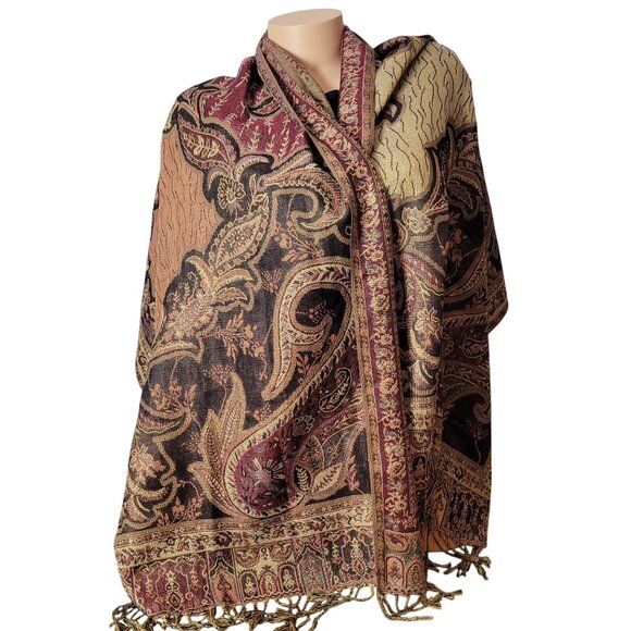 Waverly Paisley Scarf Wrap Shawl 27" X 69" Including Fringe Elegant Gold & Burgu - Picture 5 of 15